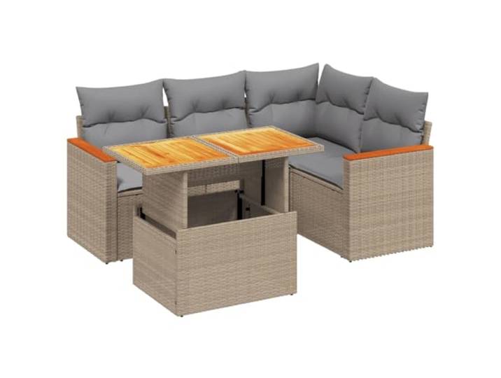 PUGYNBK Garten-Sofa-Set, 5-teilig, Polyrattan, Beige, mit Kissen Tisch mit verstellbarer Tischplatte, abnehmbare und waschbare Bezüge, modulares Design, witterungsbeständig