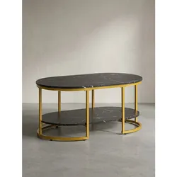 Couchtisch mit Marmor Optik, rechteckig, Ablage, goldenes Metallgestell, Schwarz 100x60x45 cm