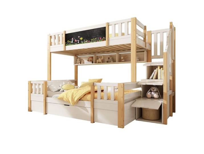 BEL Lit Superposé 3 Enfants 90x200/140x200cm Blanc Naturel Bois Massif Tableau Noir Escalier Rangement Tiroirs Armoire