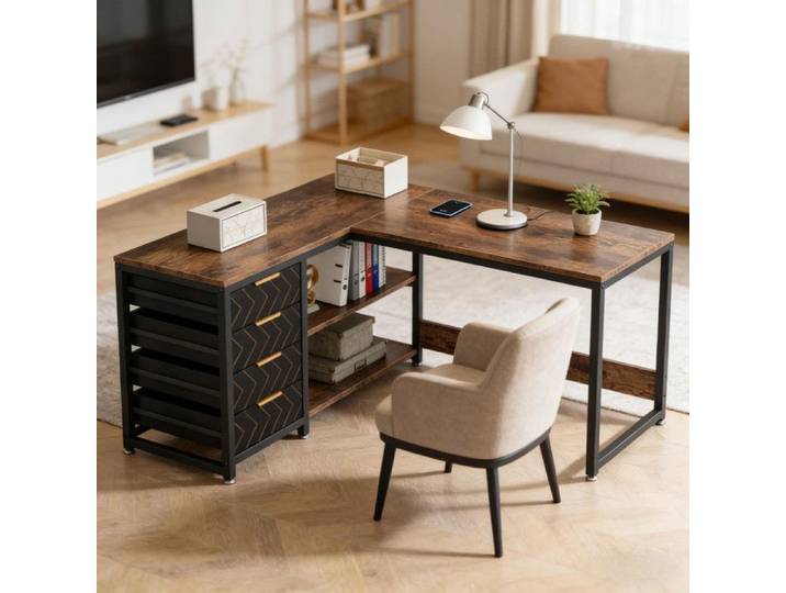 Bureau Informatique Angle Réversible 150x110x75cm Bureau Industriel avec 4 Tiroirs Meuble Rangement Déco Salon Bureau métal noir
