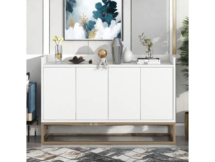 Buffet bahut Buffet bas en bois Buffet Moderne avec 3 étagère et 4 portes Pieds en métal doré 120x30x80cm Blanc