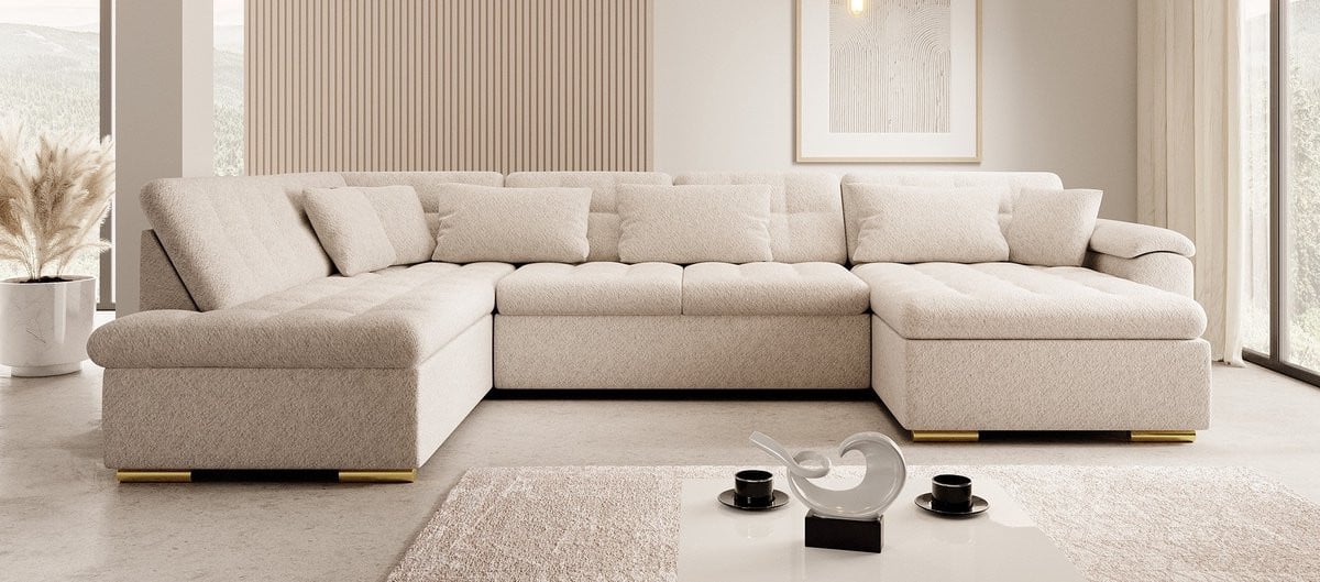 Meubella - Hoekbank Nicoreta - Beige - Teddy Boucle - Rechts - U-vorm