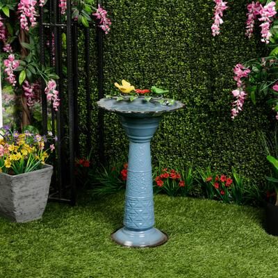 Alpine Corporation ORS112BL Vintage Metal Pedestal Birdbath with Stand, Shallow Bird Bath Bowl for Outside, 28""H, Blue"