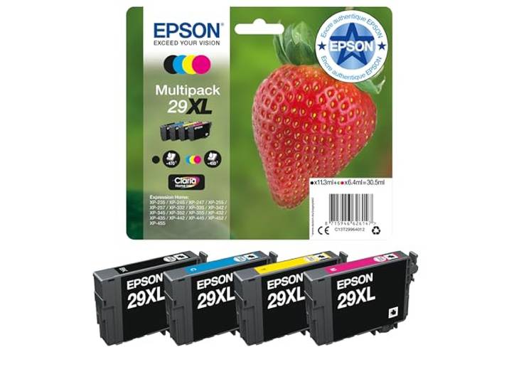 Epson Multipack 29XL Fraise\, Cartouches d'encre d'origine XL Haute capacité\, 4 couleurs: Noir\, Cyan\, Magenta\, Jaune\, XP-235 XP-243 XP-245 XP-247 XP-255 XP-257 XP-332 XP-335 XP-342 XP-345 XP-352 XP-355