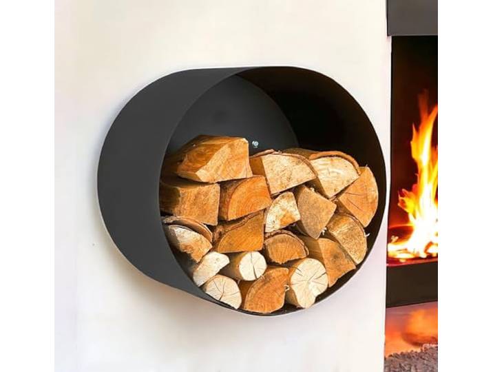 DanDiBo Kaminholzregal Innen Metall Schwarz Rund Wand 50 cm Kaminholzständer mit Rückwand 96433 Wandmontage Hängend Holzkorb Kaminholzhalter Holzregal