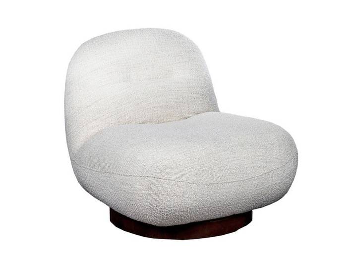 Fauteuil rotatif 360° en tissu bouclette écru pied noyer – CORALINE Meubletmoi