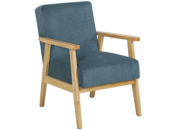 Fauteuil lounge style nordique bois hévéa velours côtelé bleu