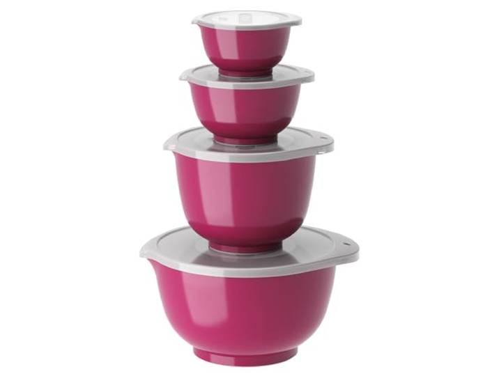 Rosti Margrethe Schüssel Set, Rührschüssel Set, 8-Teilig mit 4 Rührschüsseln und 4 Deckel, Teigschüssel aus Recycelbarem Kunststoff, 0,25 Liter, 0,5 Liter, 1,5 Liter und 3 Liter, Beetroot