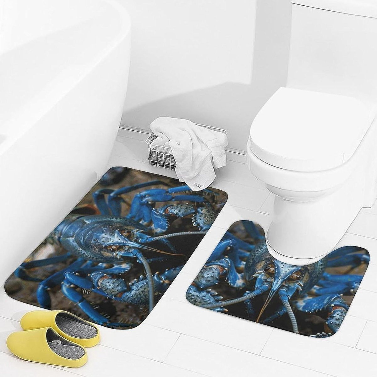 Set van 2 superzachte flanellen badkamermatten met blauwe garnalenprint