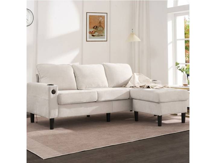 Canapé d angle - SENVIRO - trois places avec ottoman ports USB et Type C 202x137x80 cm beige