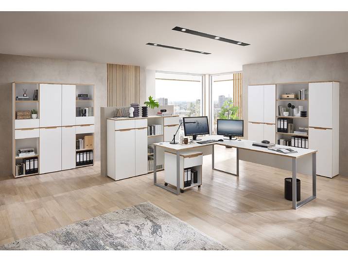 Bureau d’angle 223 x 77 x 170cm Blanc/Blanc/Imitation chêne Artisan