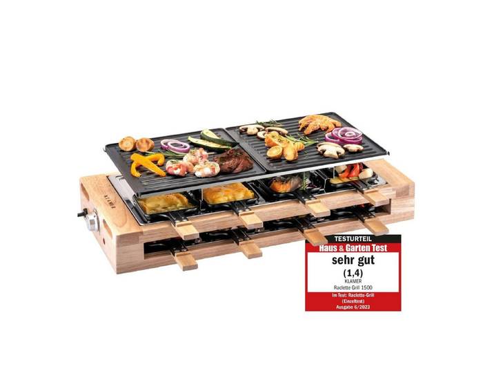 KLAMER Raclette 8 Personen, 1500W Raclette Grill mit Holzgestell, Raclette mit antiha…, 8 Raclettepfännchen