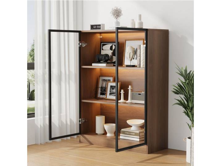 Vitrine lumineuse LED 80x32x106 cm meuble de rangement en verre 2 portes cadre aluminium 3 étagères VEVXYN