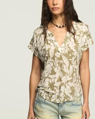 Lucky Brand Sandwash Notch Top - Women's Clothing Tops Tees Shirts in Green Floral, Size M