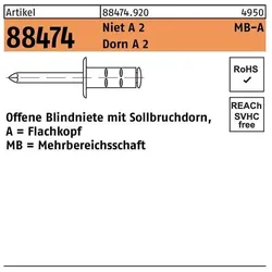 Nieten, Blindniete R 88474 Flachkopf 6,4 x 13 Niet A 2/Dorn A 2