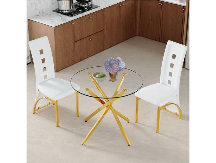 WOVREO Ensemble table et 2 chaises 88 cm table à manger ronde en verre trempé transparent blanc et doré