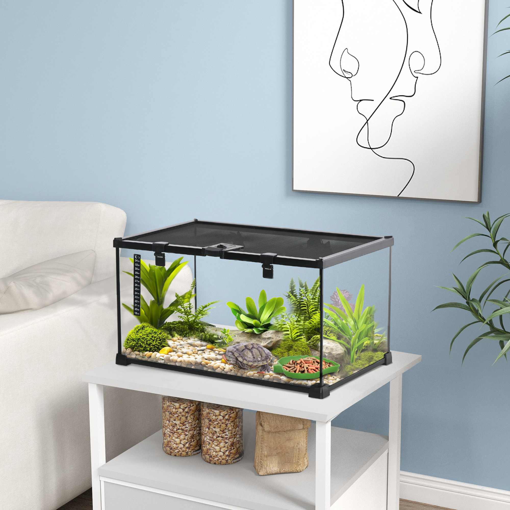 Pawhut Terrario per Rettili Rialzato con Serratura e Termometro, in Vetro e Rete Metallica, 50x30x25 cm, Nero