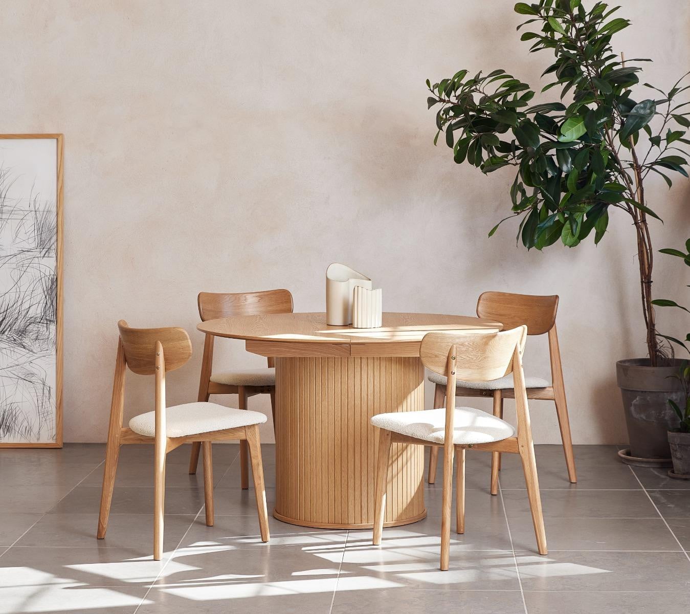 Giga Living Eettafel Nola Naturel Eiken, Ronde Uitbreidbare Tafel, Ø120-167 cm