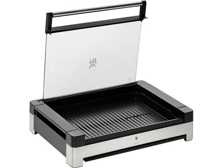 Tischgrill WMF LONO , silber (edelstahlfarben), B:51,5cm H:11,5cm T:41cm, Kontaktgrill_Standgrill_Tischgrill_Teppanyakigrill, Tischgrill, mit Glasdeckel