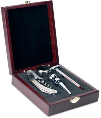 PREMIUM Set Vino 4 Pezzi in Legno con Accessori Acciaio Argento Personalizzate o neutre
