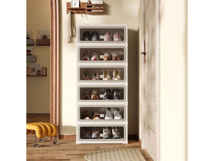 Meuble à chaussures - 6 niveaux - pliable - portes magnétiques transparentes PET - Armoire à chaussures - Blanc et Gris
