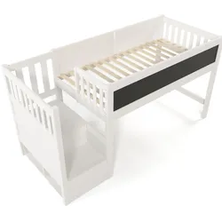 Hochbett 90x200 mit Whiteboard, Tafel, Leiter, Stauraum, Lattenrost, MDF Massivholz, Sicherheitsstandard EN 747, zimmer Weiß