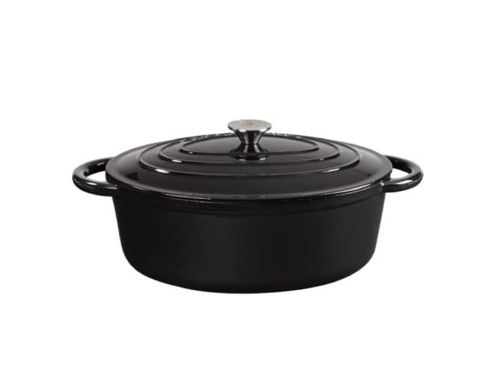 CHEF CUISINE Bräter Gusseisen mit Deckel, Oval groß 6,7 L, Induktion, Schwarz, hitzebeständig bis 350° C, backofengeeignet, perfekt auch zum Brot backen