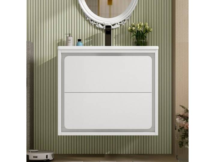 Meuble vasque mural 60cm laqué blanc 2 tiroirs coulissants silencieux LED détecteur mouvement - salle de bains moderne 60x46x50cm
