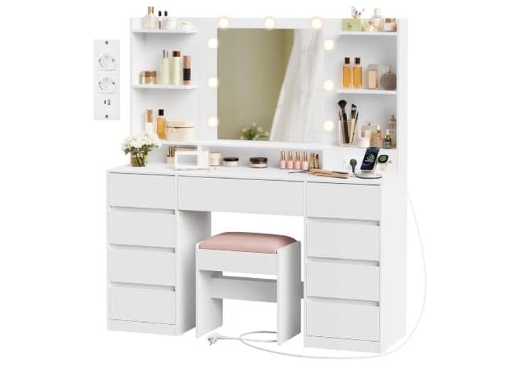 VASAGLE Kailyn Kollektion - Schminktisch mit Spiegel und LED-Leuchten, Hocker, Steckdosenleiste, 9 Schubladen, 9 dimmbare Glühbirnen, 3 Lichtfarben, werkzeuglose Gleitschienen, wolkenweiß