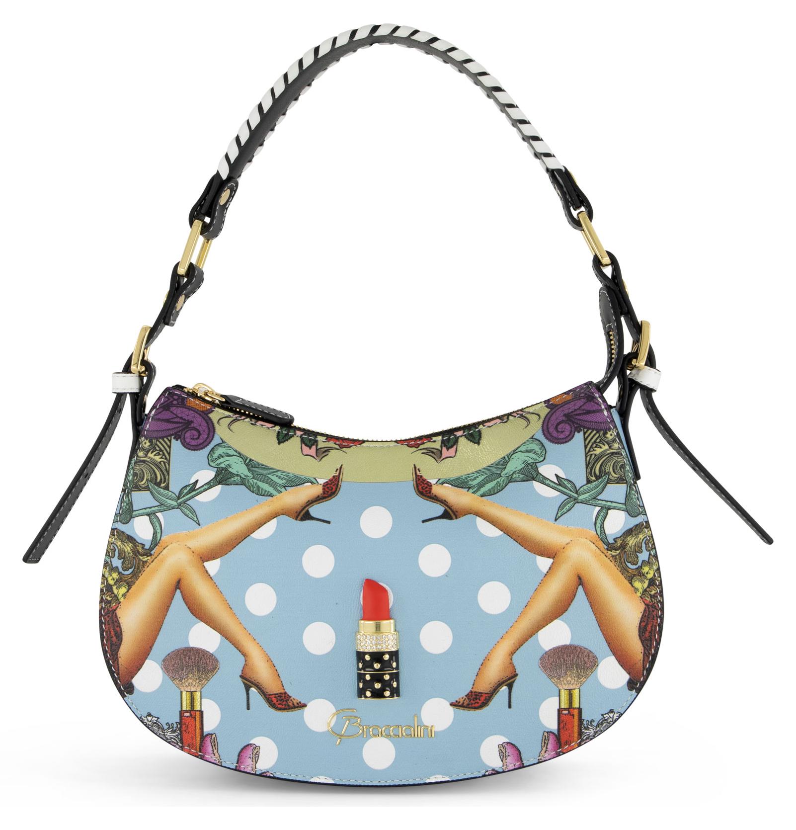 BRACCIALINI Ginevra halbmondförmige Schultertasche, hellblau gepunktet, mit Frauenbeine-Print und Lippenstift-Dekor mit Kristallen