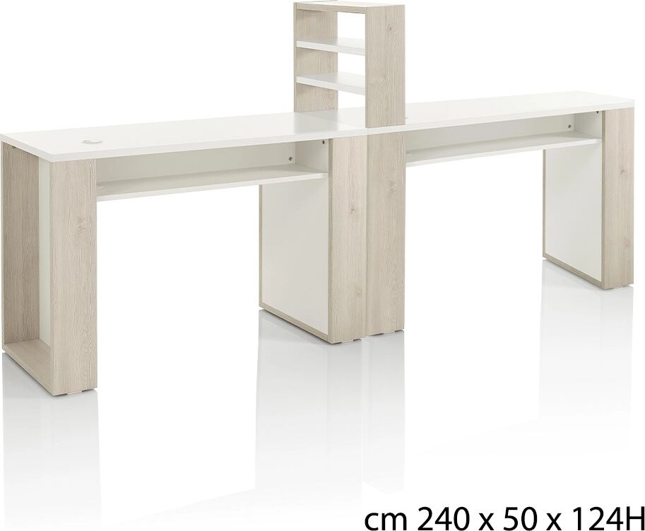 Xanitalia Tavolo Manicure Doppia Postazione Professionale con Scaffale Centrale Spazio Doppio in Larice Naturale e Laminato Bianco XaniPro