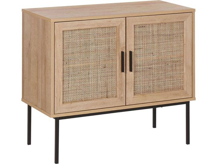 BELIANI Sideboard Heller Holzfarbton Schwarze Metallbeine und Handgriffe 72 x 80 x 40 cm Boho Stil Zwei Rattan Türen Schlafzimmer Wohnzimmer