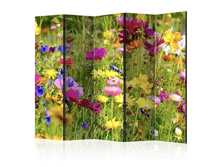 decomonkey Paravent Raumteiler Innen Blumen, 225x172 cm, 5-teilig, Grasland Beidseitig, Wiese, Wohnzimmer, Room Divider, Wall, Raumteiler Stehend, Trennwand, Sichtschutz, Spanische Wand, Holz