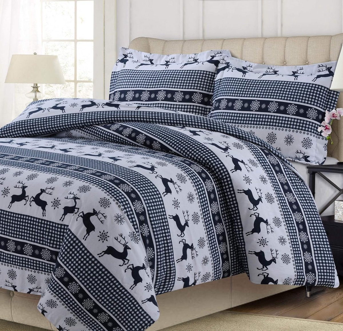 Dekbedset Katoen Flanel Queen Size - Blauw Wit Gestreept
