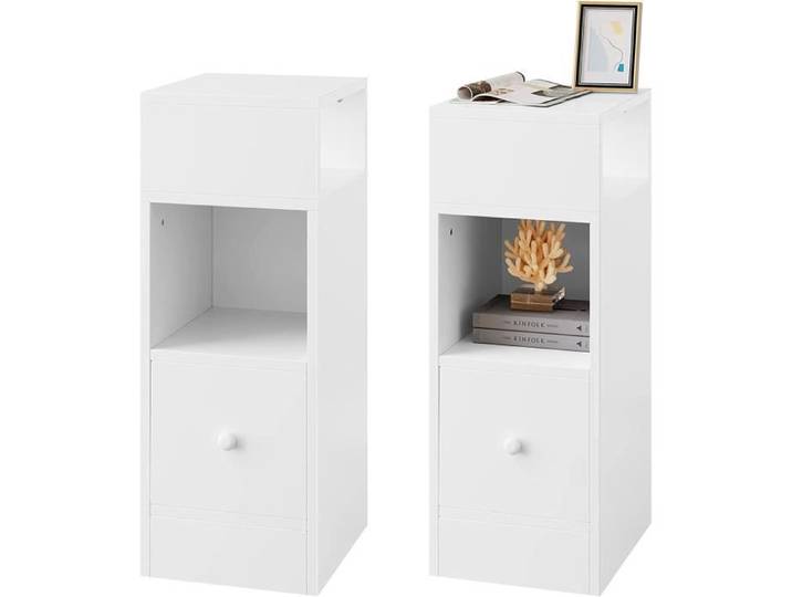 EUGAD 2x Table de Chevet Étroite Meuble de Rangement Compacte avec 2 Compartiments Ouverts et 1 Tiroir 25x30x66cm Blanc 0179ZZ-2