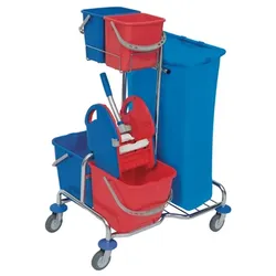 CleanSV Splast verchromter Reinigungstrolley mit Eimern, Abfallsackhalter und Moppresse