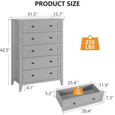 Garvee "48"" 5 Drawers Dresser,Tall Black Chests of Drawers with Storage"