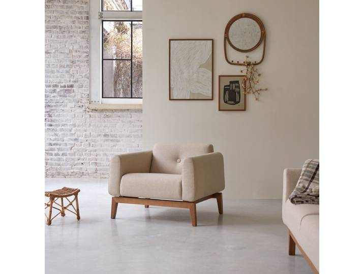 Sessel mit massivem Eichenholzgestell und ecrufarbenem Stoffbezug Bjorn - Beige - Fabric