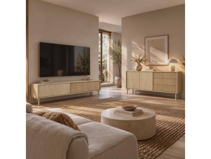 Lomadox Wohnzimmer-Set in Heller Cremona Eiche, Sideboard & Lowboard, Rillen-Design
