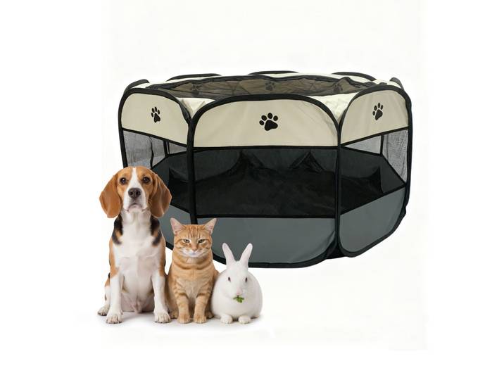 Faltbarer Welpenauslauf indoor & outdoor Creme-Schwarz-Grau
