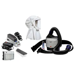 3M TR-315E+ Versaflo Starterpaket inkl. TR-302E, Zubehör und 3M Versaflo Einweg-Leichthaube S533L mit integrierter Kopfhalterung, weiss, robustes, knisterfreies und fusselarmes Material, zusätzlich Schutz für Hals- und Schulterbereich, Grösse M/L