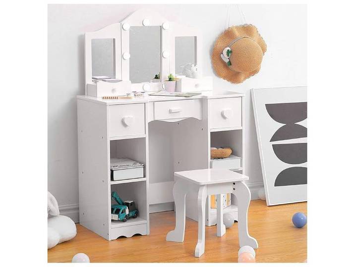 Coiffeuse - PROMIRACAL - Miroir Triple - 99x59x29cm - 2-en-1 - Blanc - Enfant