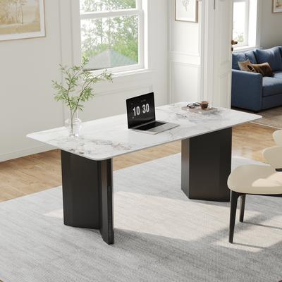 OSFEI "63"" Modern Rectangular 2‑in‑1 Writing Desk & Dining Table, Glossy White Sintered Stone Top, Black Stainless Steel Double Base"