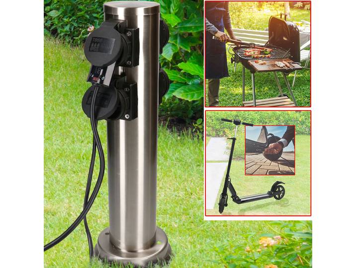 Runde Gartensteckdosensäule aus Stahl mit 4 Steckdosen Typ 13, IP55, schwarz/silber