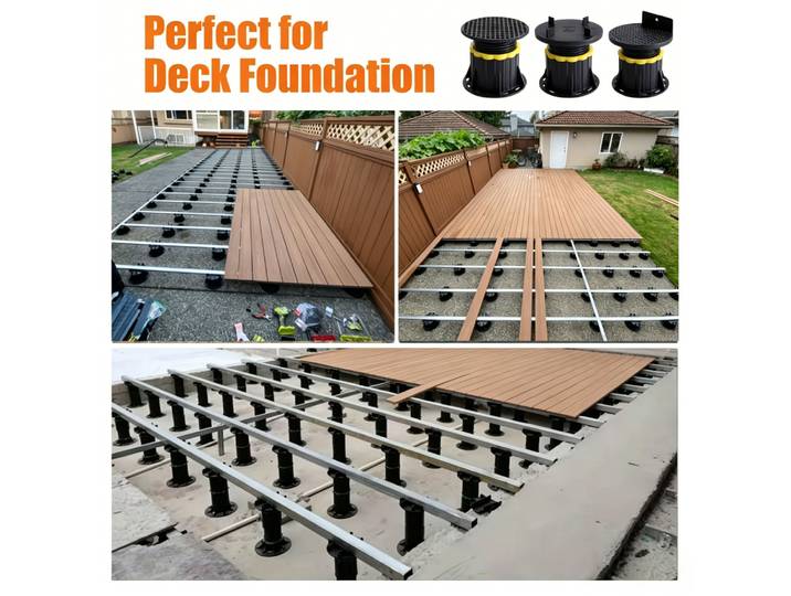 Supports de sol réglables en hauteur (74–110 mm) pour balcons, terrasses sur toit, dalles de patio et terrasses en WPC – Socles surélevés réglables en hauteur, résistants aux charges, étanches –
