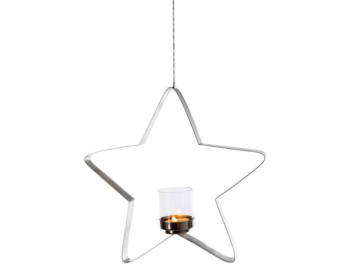 Teelichthalter FINK STACEY , silber (silberfarben), H:41cm Ø:40cm, Edelstahl, Glas, Kerzenhalter, Teelichthalter, Hängewindlicht, sternförmig, aus Edelstahl