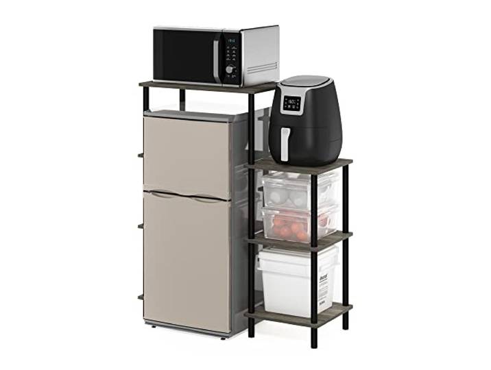 Furinno Turn-N-Tube 4-stöckiges Bäckerregal, Französisches Eichengrau Kaffeebar, Küchenregale mit Mini-Kühlschrank-Ablage, für Vorratskammer-Organizer und Aufbewahrung, Küchenorganisation