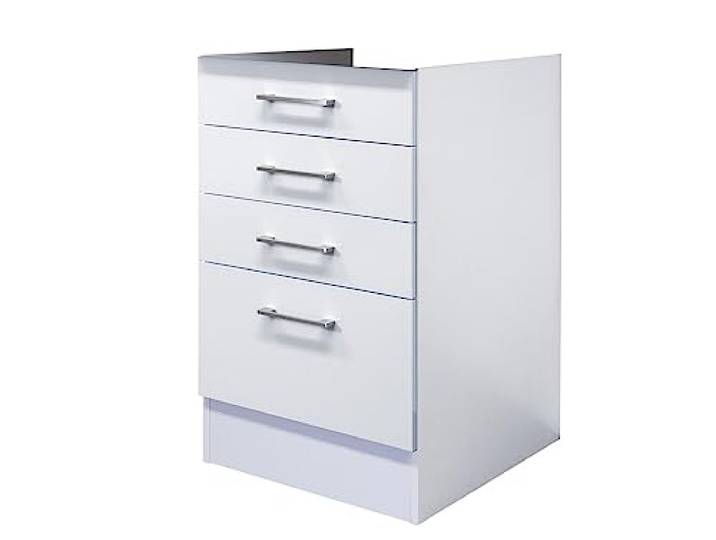 Schubkastenschrank Küche 50 cm – Unterschrank Weiß – 4 Schubkästen Küchenunterschrank in schlichtem Weiß, 3 Schubladen & 1 Auszug ohne Arbeitsplatte - Für kleine Küchen und Hauswirtschaftsraum