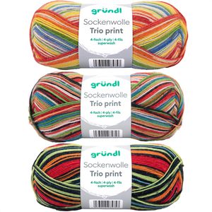 Gründl Häkelgarn 6229-06, Sockenwolle Trio print, Streifen mix, 100 g / 420 m, Nadelstärke 2.5-3, Schurwolle/Polyamid
