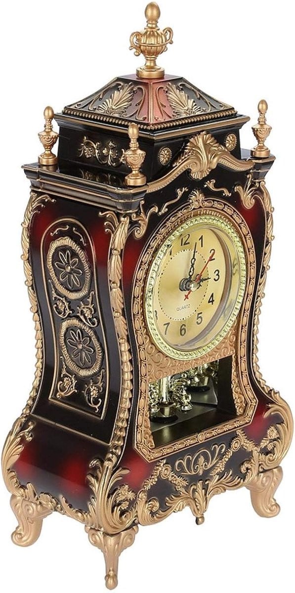 Vintage Barokke Wandklok en Bureauwekker met Pendule in Roodachtig Bruin